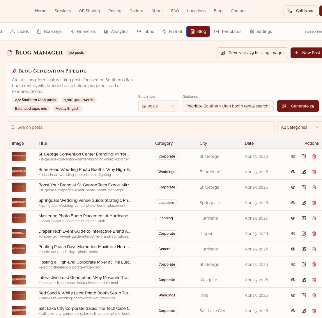 Blog Manager: 322+ AI-generated, locally-targeted SEO posts with one-click batch generation and image regeneration.