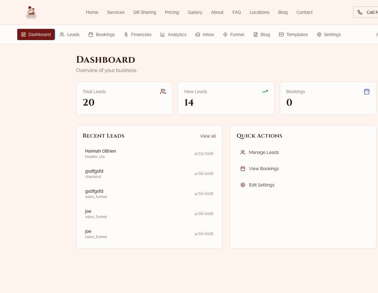 Operator dashboard: leads, bookings, revenue and quick-action shortcuts in one glance.