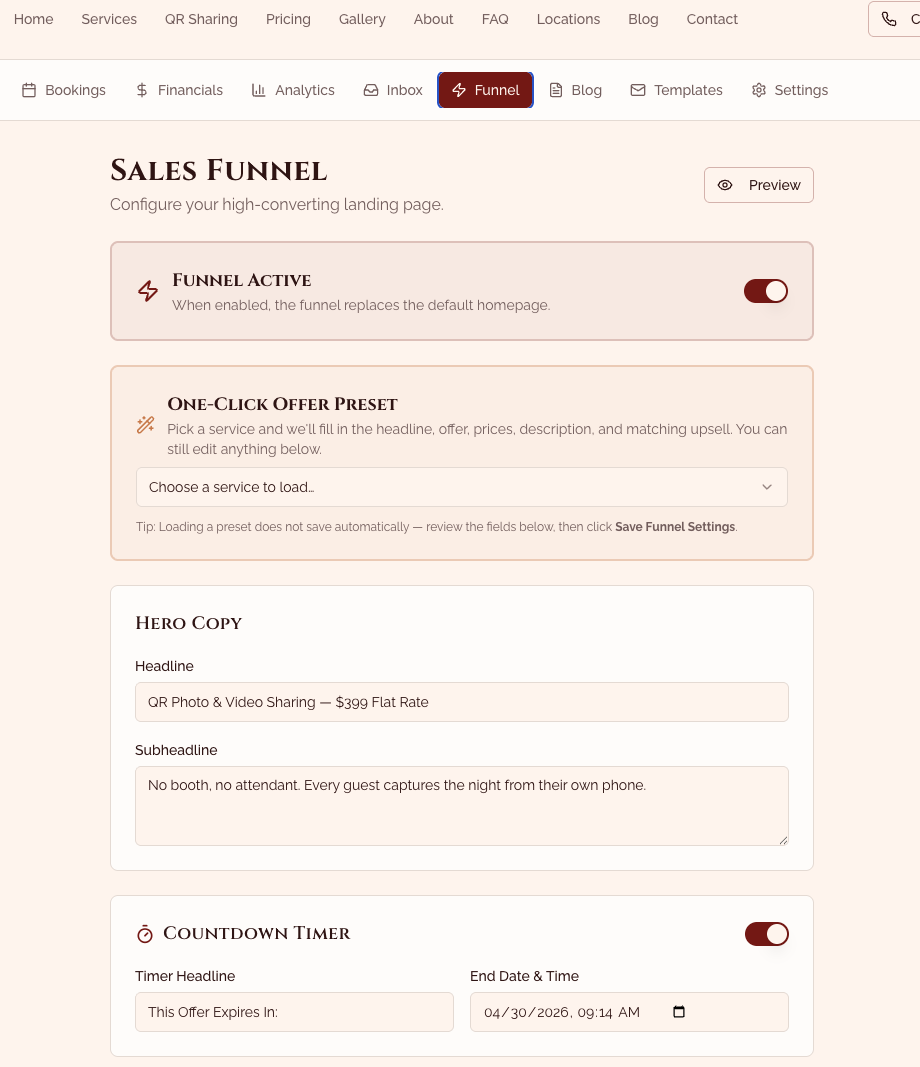 Funnel manager — flip the homepage between funnel and brand site, edit copy, prices, countdown and upsell with no developer.
