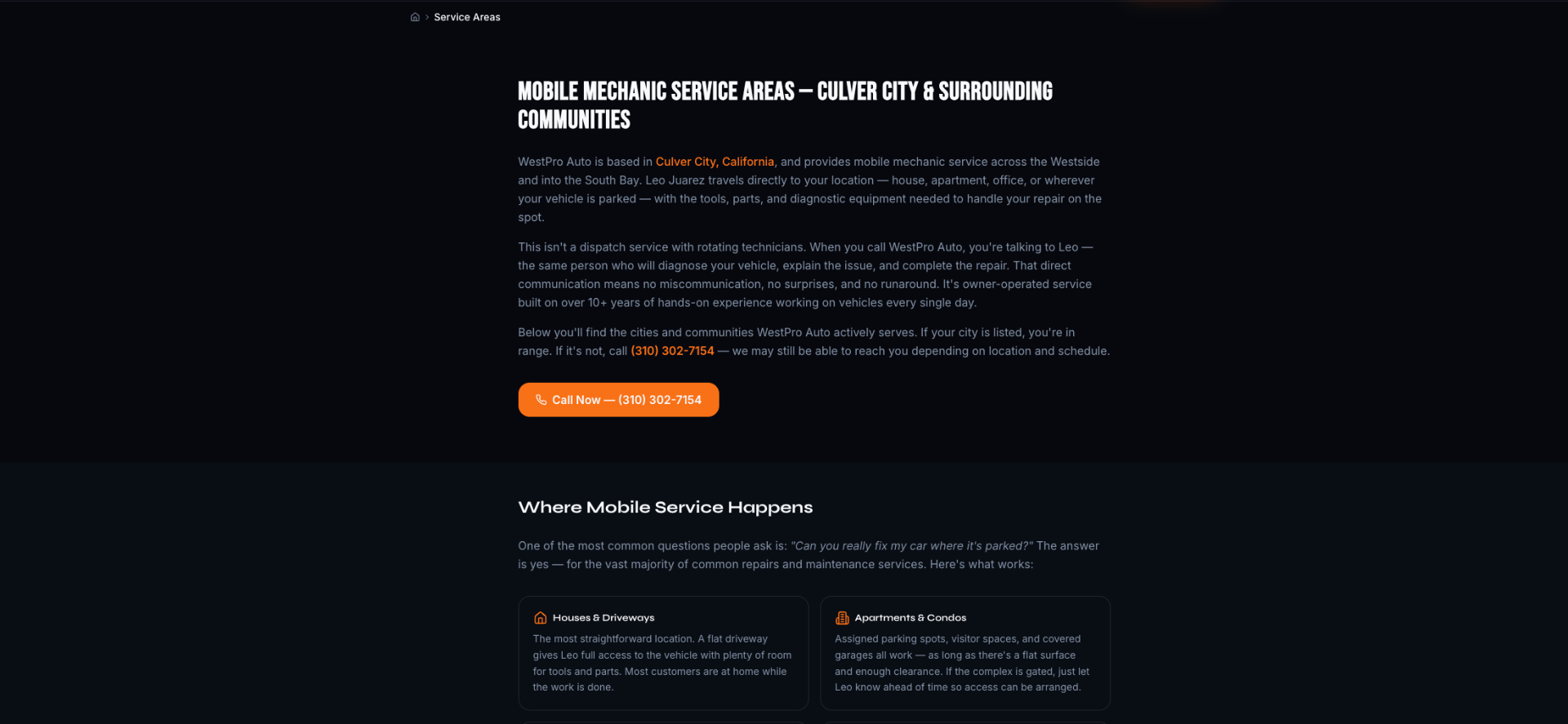 Service Areas hub — 15 dedicated city pages with local scenarios, parking notes, and city-specific FAQs.